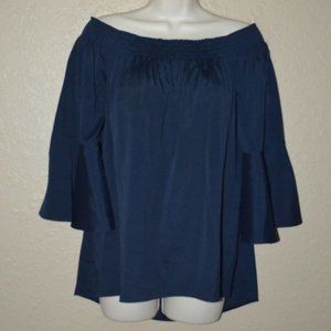Sz XL Saks Fifth Avenue Navy Off the Shoulder Bell 3/4 Sleeve Tunic Blouse